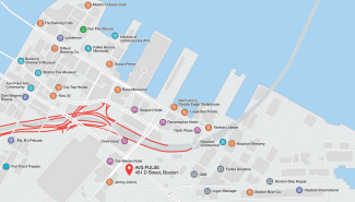 Map of Boston seaport area highlighting AVS campus location